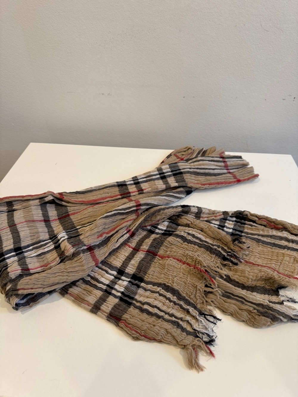 Beige Plaid Lightweight Fringe Scarf